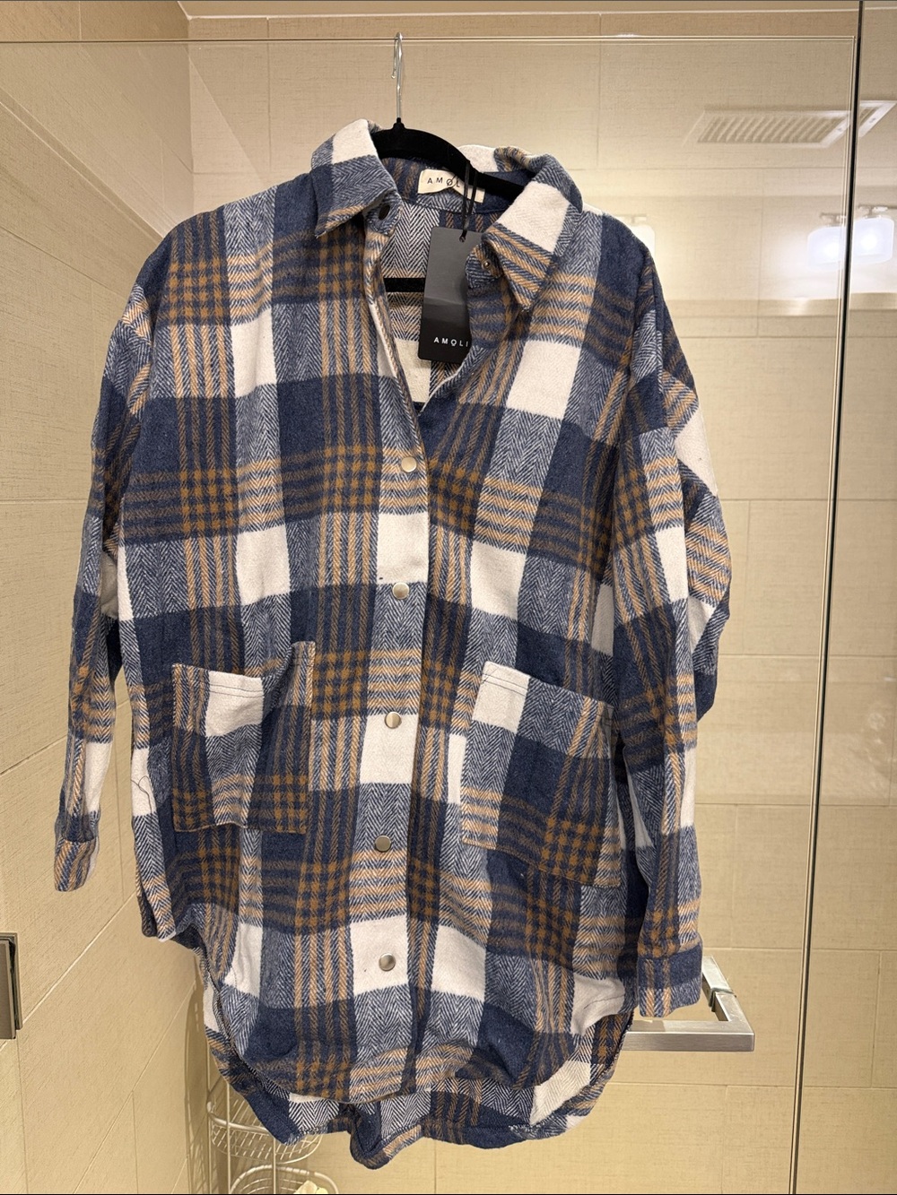 Amoli women’s  Navy, Tan & White Plaid Button-Front Casual Shacket